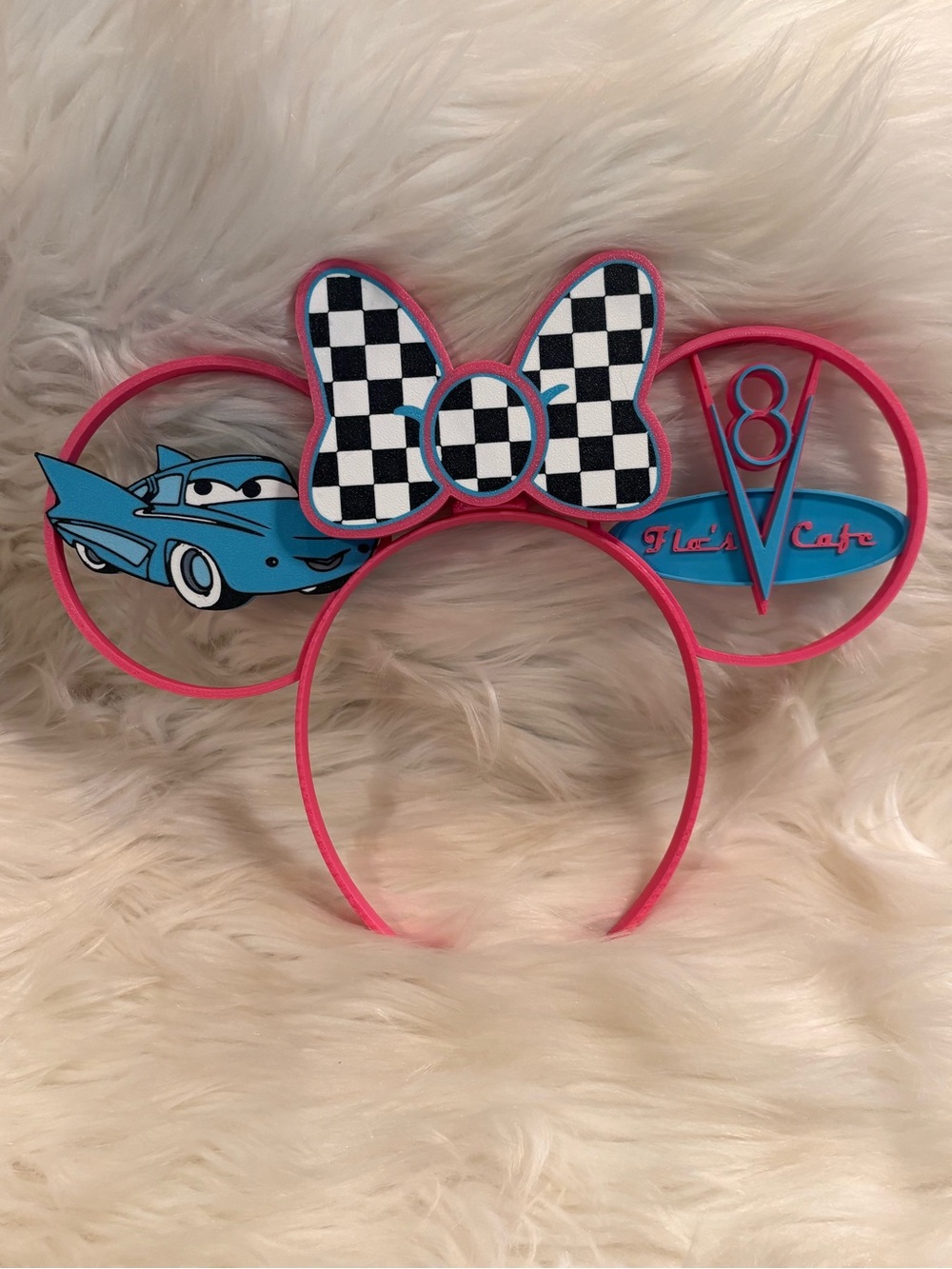 Pink Checkered 3-D Flos Minnie Ears Headband Handcrafted